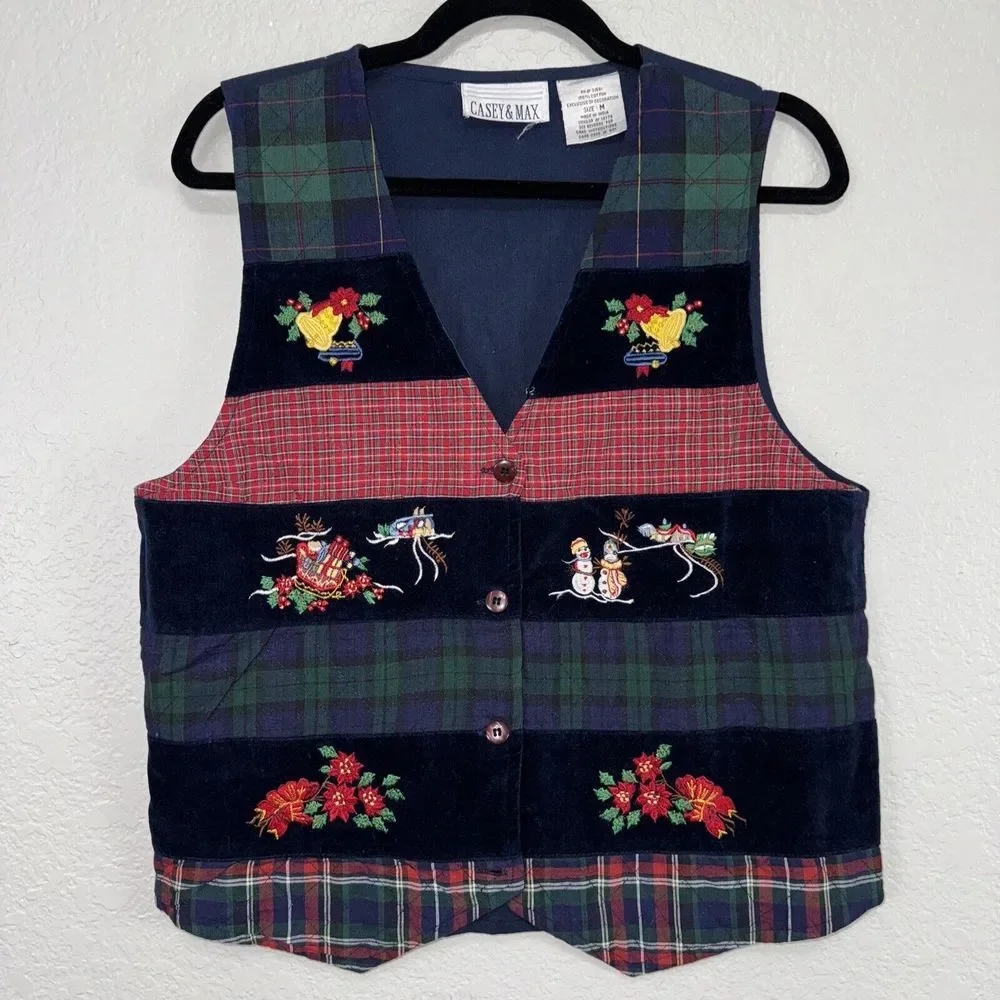 Vintage Casey & Max Christmas Vest Medium Snowman Plaid Blue velvet‎ Embroidered